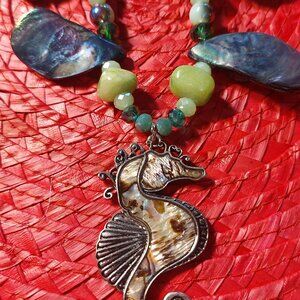 Abalone Shell Seahorse Necklace, Paua Shell and Glass Beads, Mermaid Sea World..